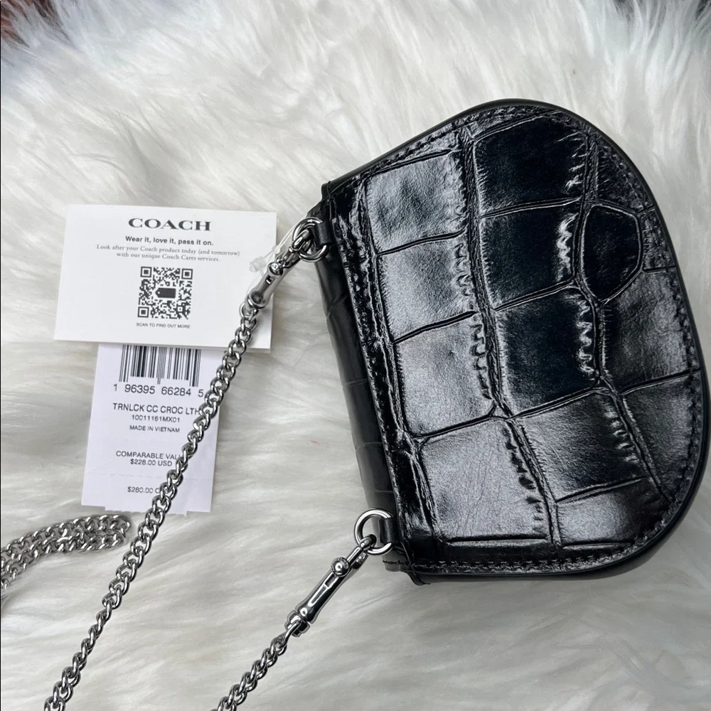 Coach Black Croc Embossed Turnlock Card Case Mini With Chain Bag Retail $228 NWT - Picture 8 of 17